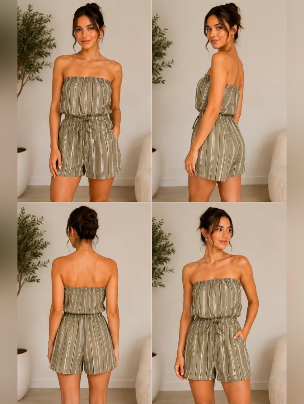 NWT Iris olive green romper, cold shoulder, strapless, drawstring waist, Sz Lg